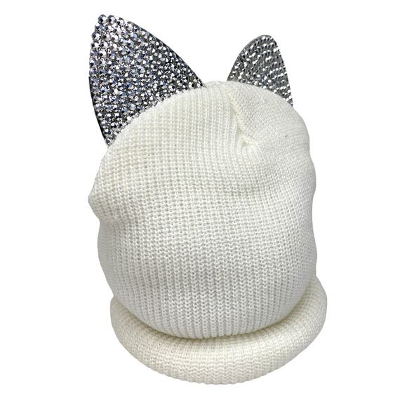 Cat Ear Beanie Rhinestone and Mirror Ears Ivory Colored OS - Picture 3 of 5
